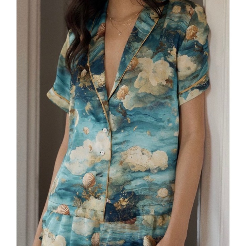 LyreBird Anthropologie Celestial Shell Print Button Down Shirt Blue S NEW